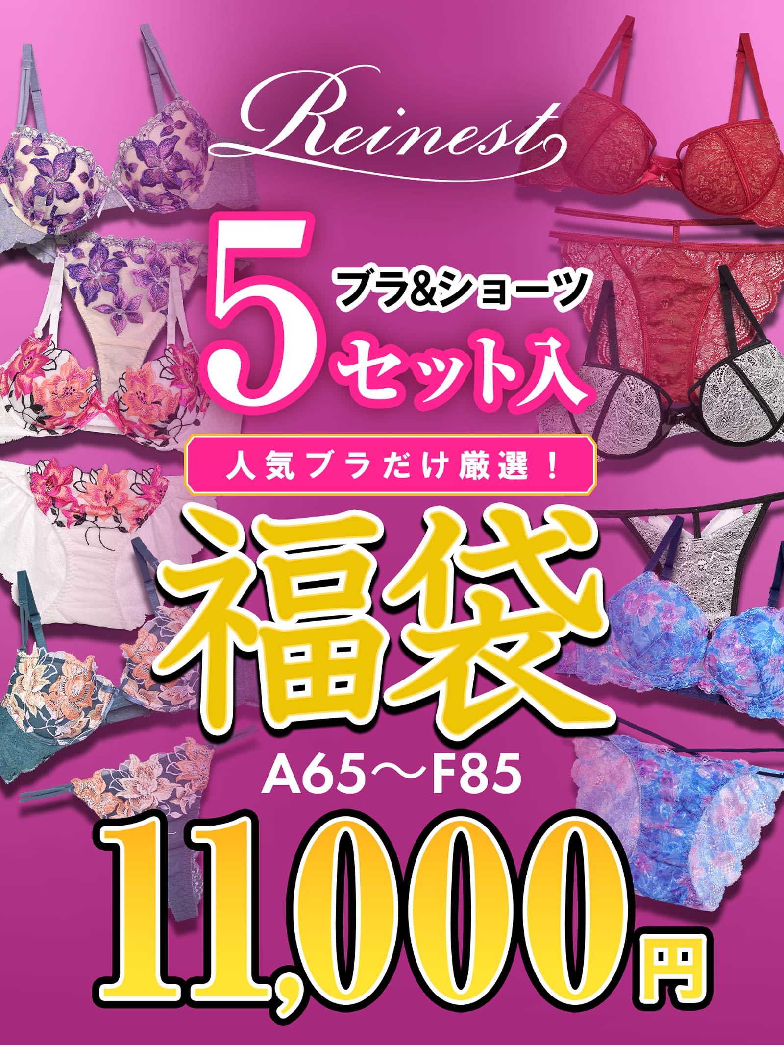 9/10再販!【福袋】【Reinest】ブラジャー＆ショーツ5点組入り福袋