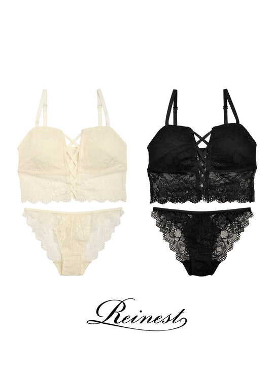 【Reinest】【ノンワイヤー】センシュアルレースアップブラジャー&バック透けフルバックショーツ