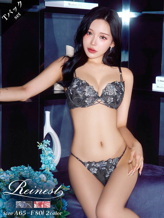 【Reinest】ノーブルバタフライローズブラジャー&バック透けTバックショーツ