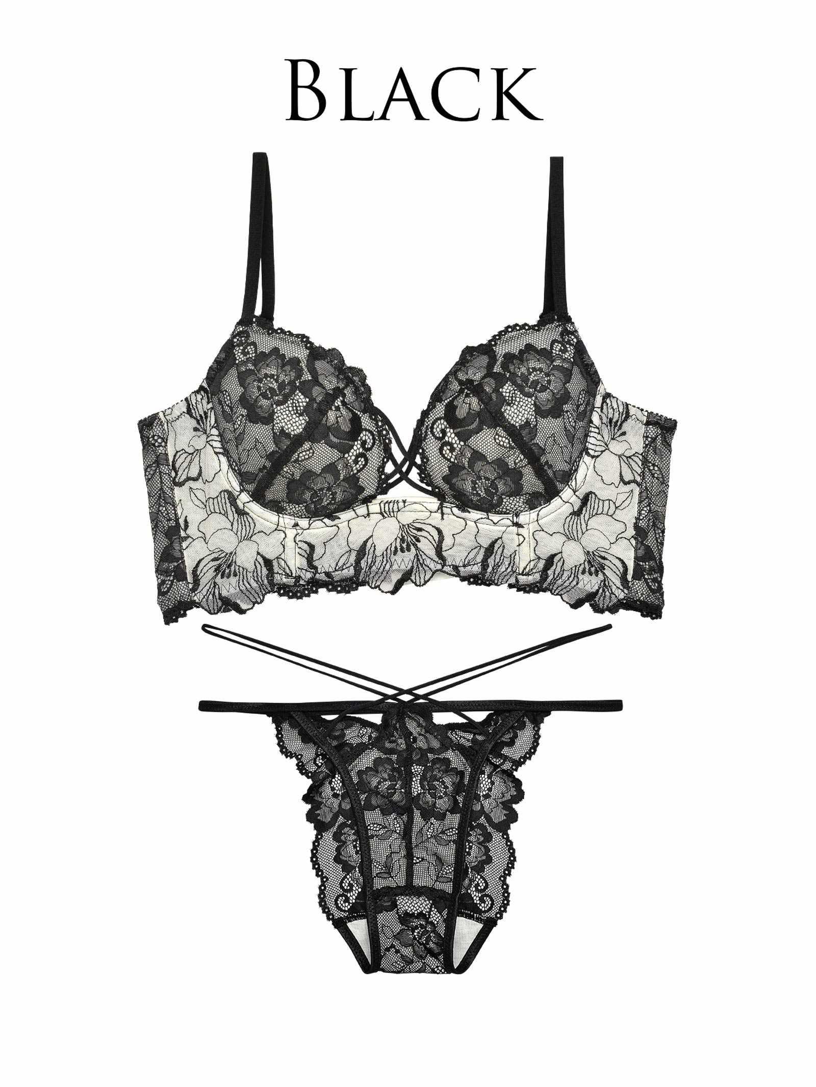 【Reinest】ストリングビスチェフラワー背中魅せブラブラジャー&バック透けフルバックショーツ - 【公式】247Lingerie