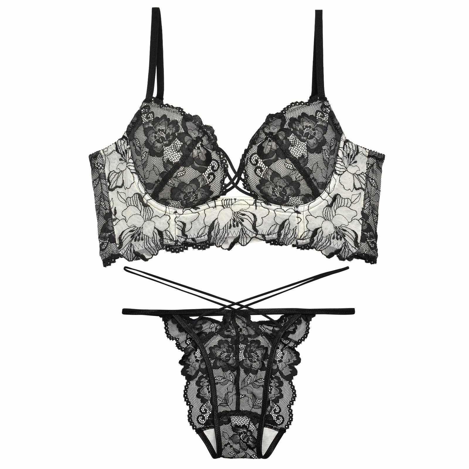 【Reinest】ストリングビスチェフラワー背中魅せブラブラジャー&バック透けフルバックショーツ - 【公式】247Lingerie