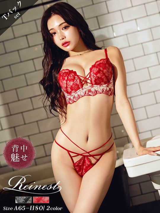【Reinest】ストリングビスチェフラワーブラジャー&バック透けTバックショーツ