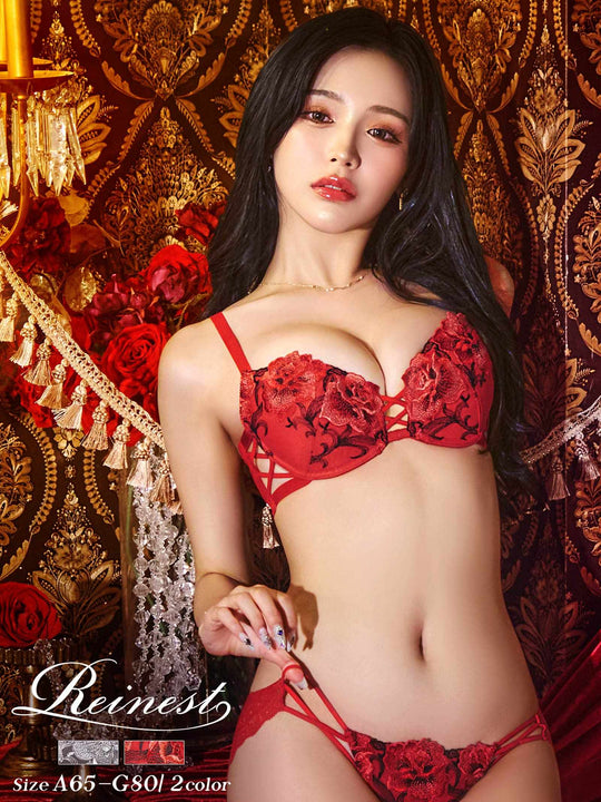 【Reinest】クラッシーディープローズブラジャー&バック透けフルバックショーツ