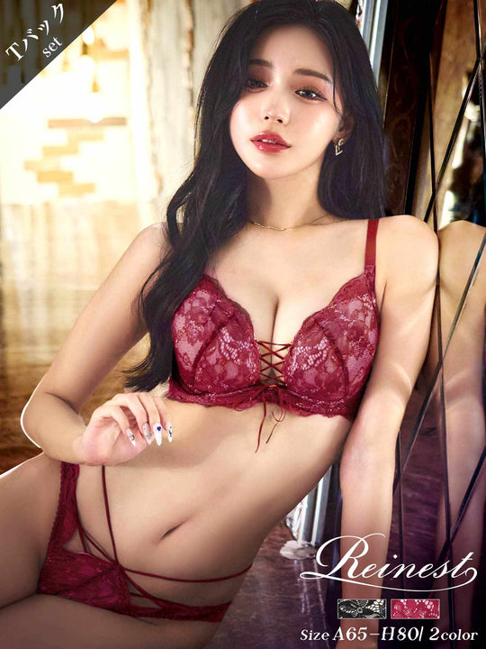 11/22再販!【Reinest】リュクスカットレースアップブラジャー&バック透けTバックショーツ