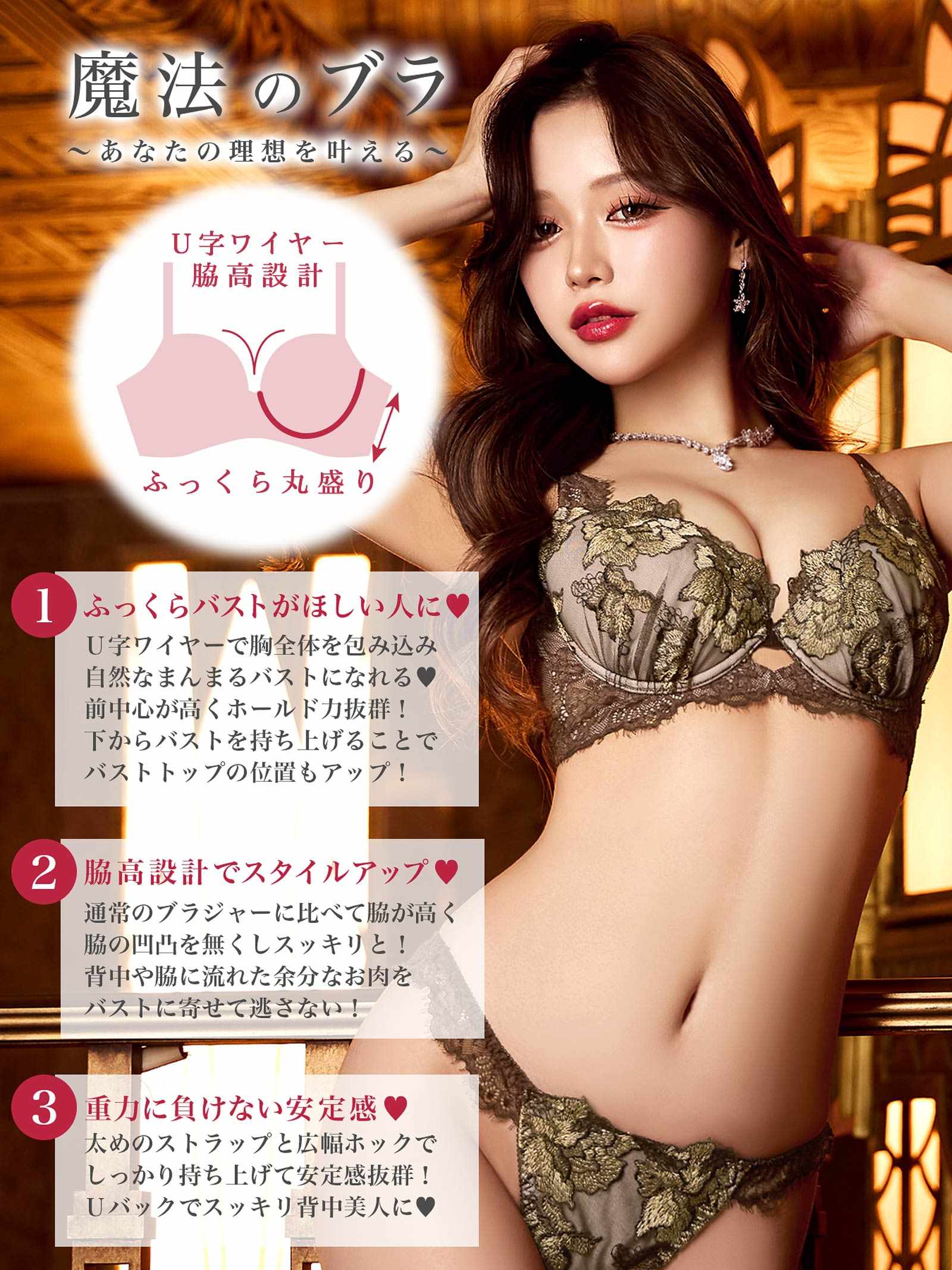 12/19新作!【Reinest】シャルムローズレース育乳脇高★魔法のブラジャー&バック透けフルバックショーツ