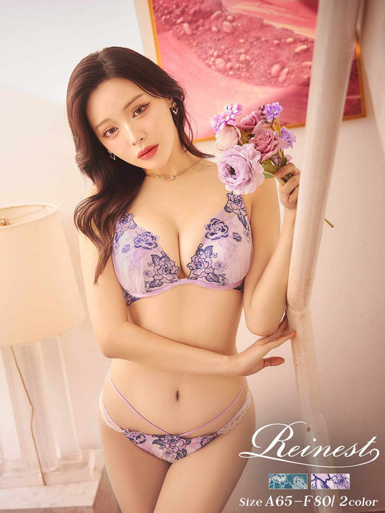 【Reinest】バイカラーヴィンテージローズブラジャー&バック透けフルバックショーツ
