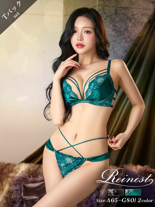12/2再販!【Reinest】グラマラスサテンコードブラジャー&バック透けTバックショーツ