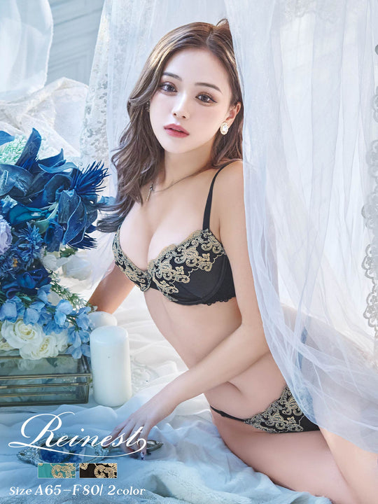 【Reinest】グロッシーダマスクフラワーブラジャー&バック透けフルバックショーツ