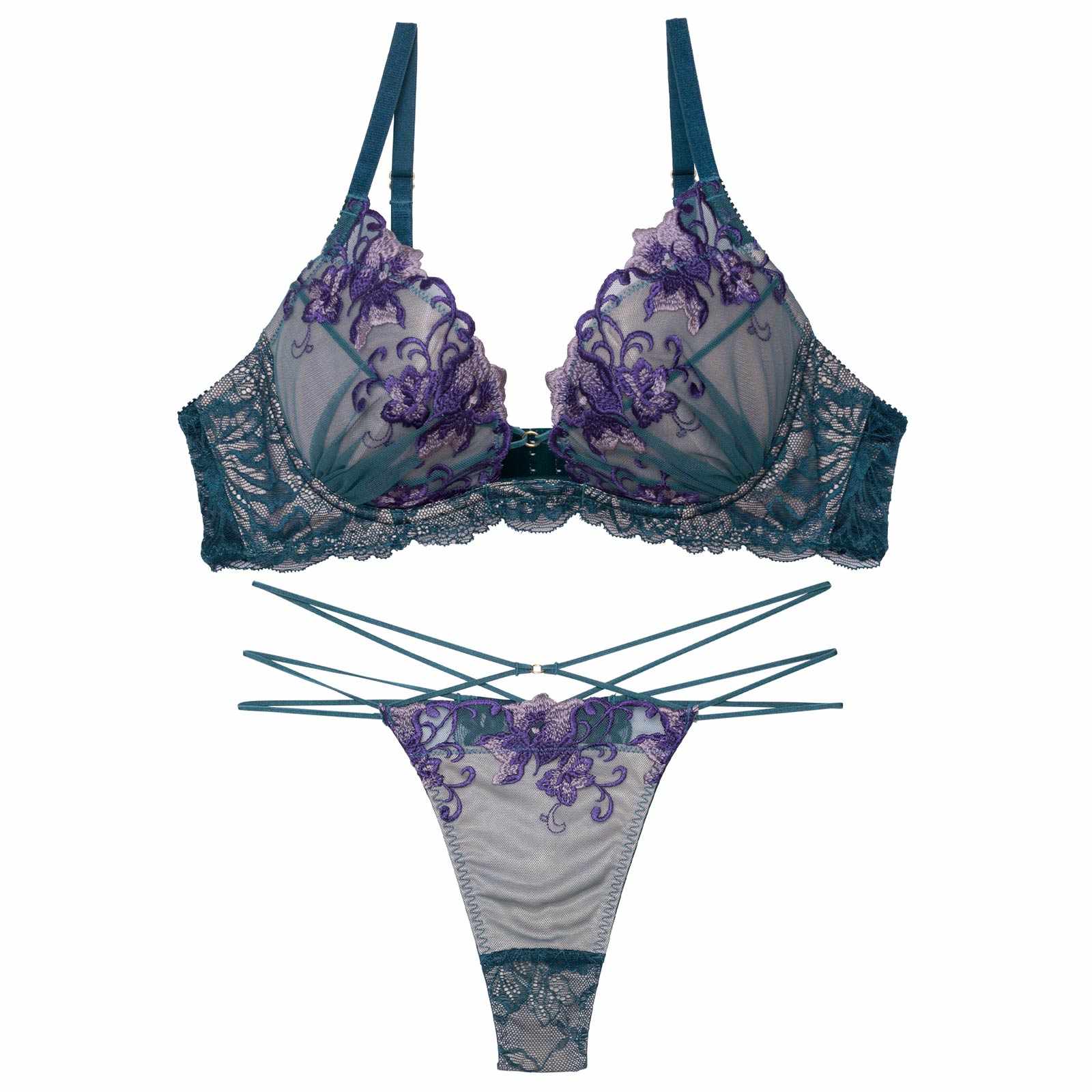 【永尾まりや着用】【Reinest】シックブロッサムコードブラジャー&バック透けTバックショーツ