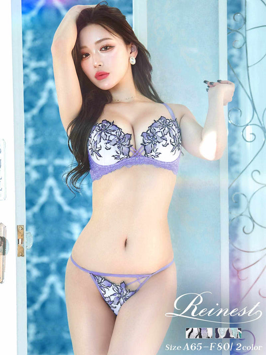 【Reinest】グラマラスブルーリリーブラジャー&バック透けフルバックショーツ