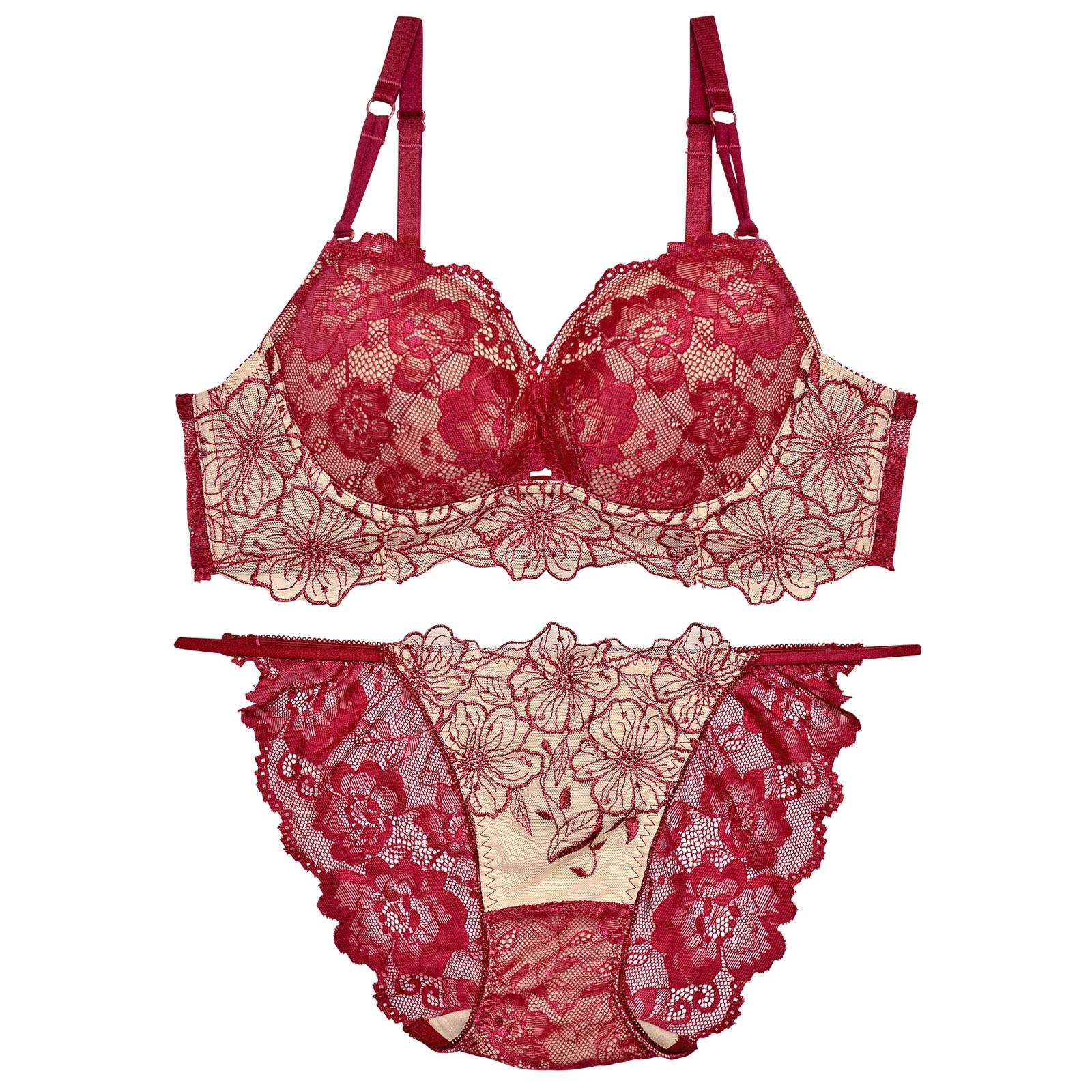 【Reinest】SEXYレース花柄ブラジャー&バック透けフルバックショーツ