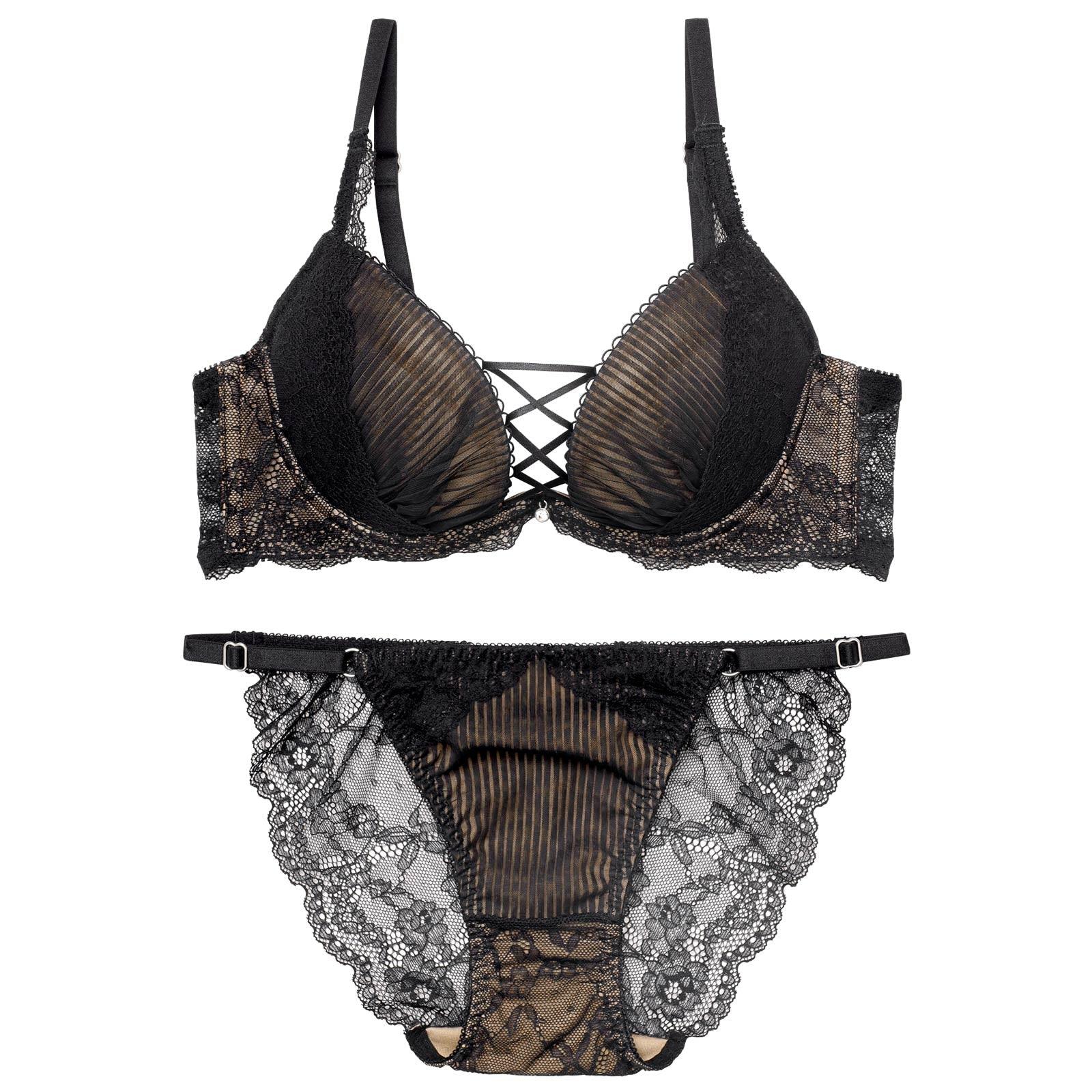 【Reinest】メロウプリーツレースアップブラジャー&バック透けフルバックショーツ