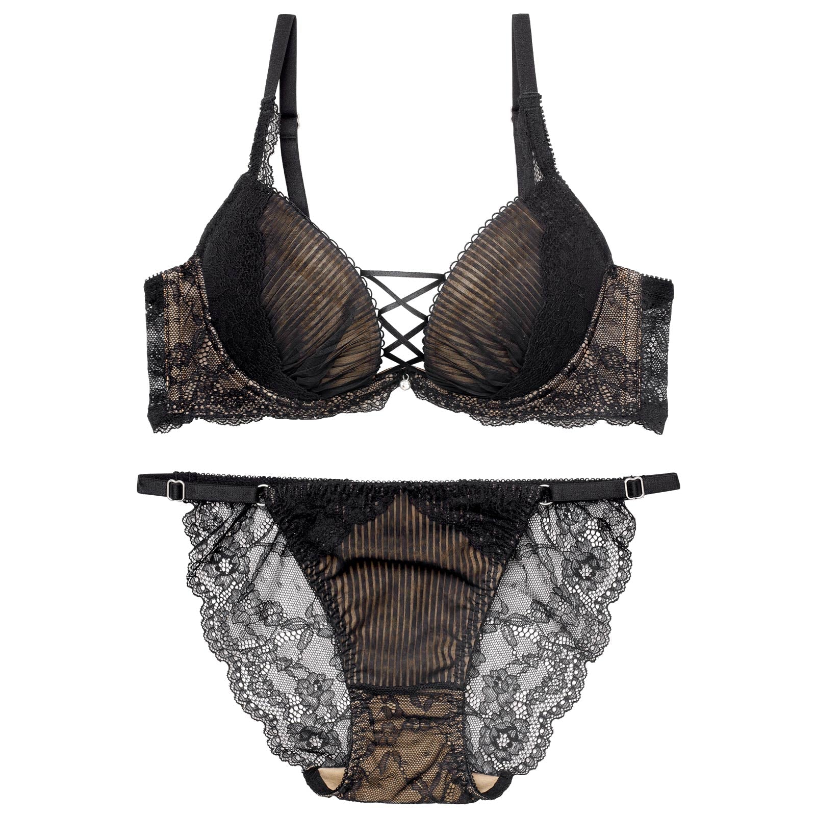 【永尾まりや着用】【Reinest】メロウプリーツレースアップブラジャー&バック透けフルバックショーツ