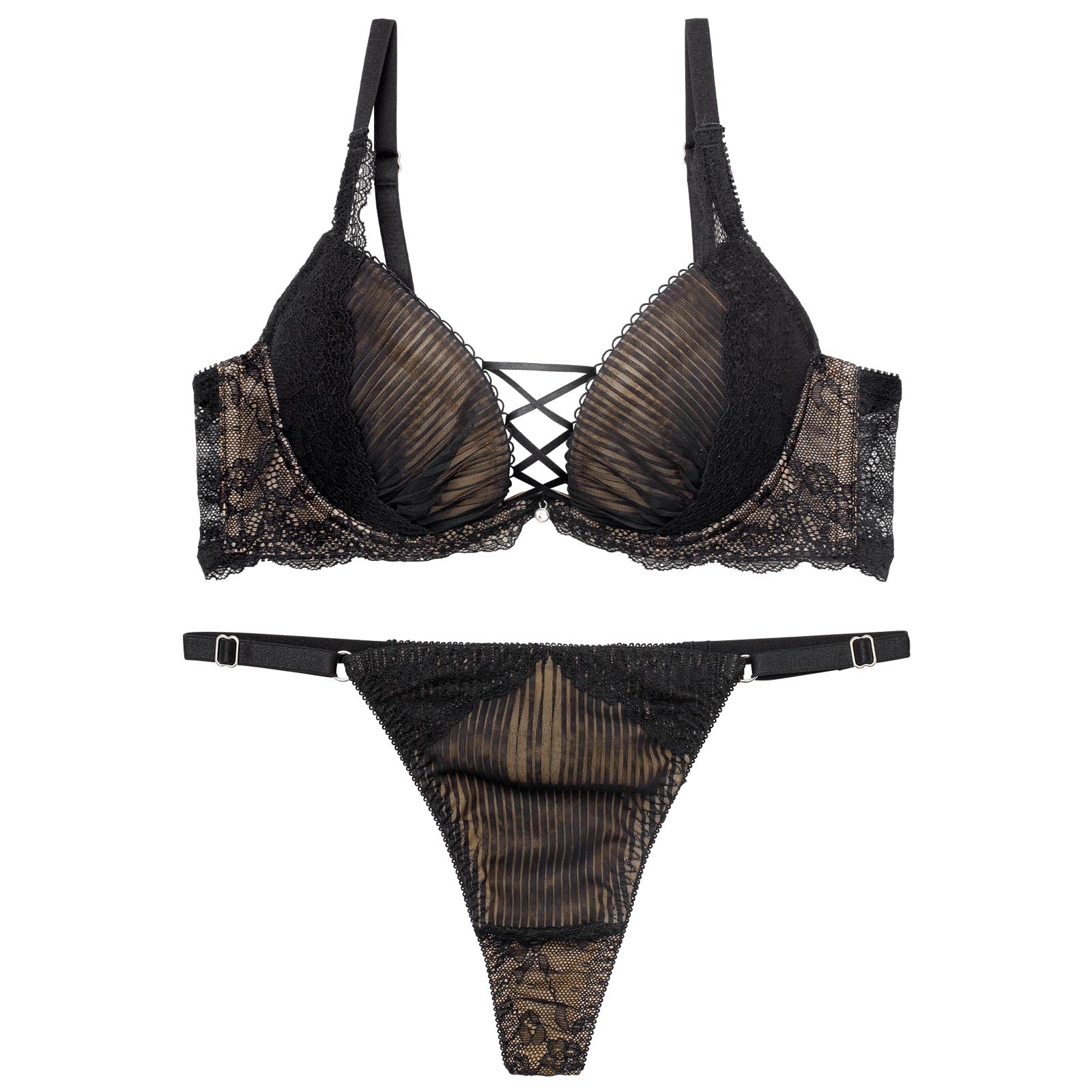 【永尾まりや着用】【Reinest】メロウプリーツレースアップブラジャー&バック透けTバックショーツ