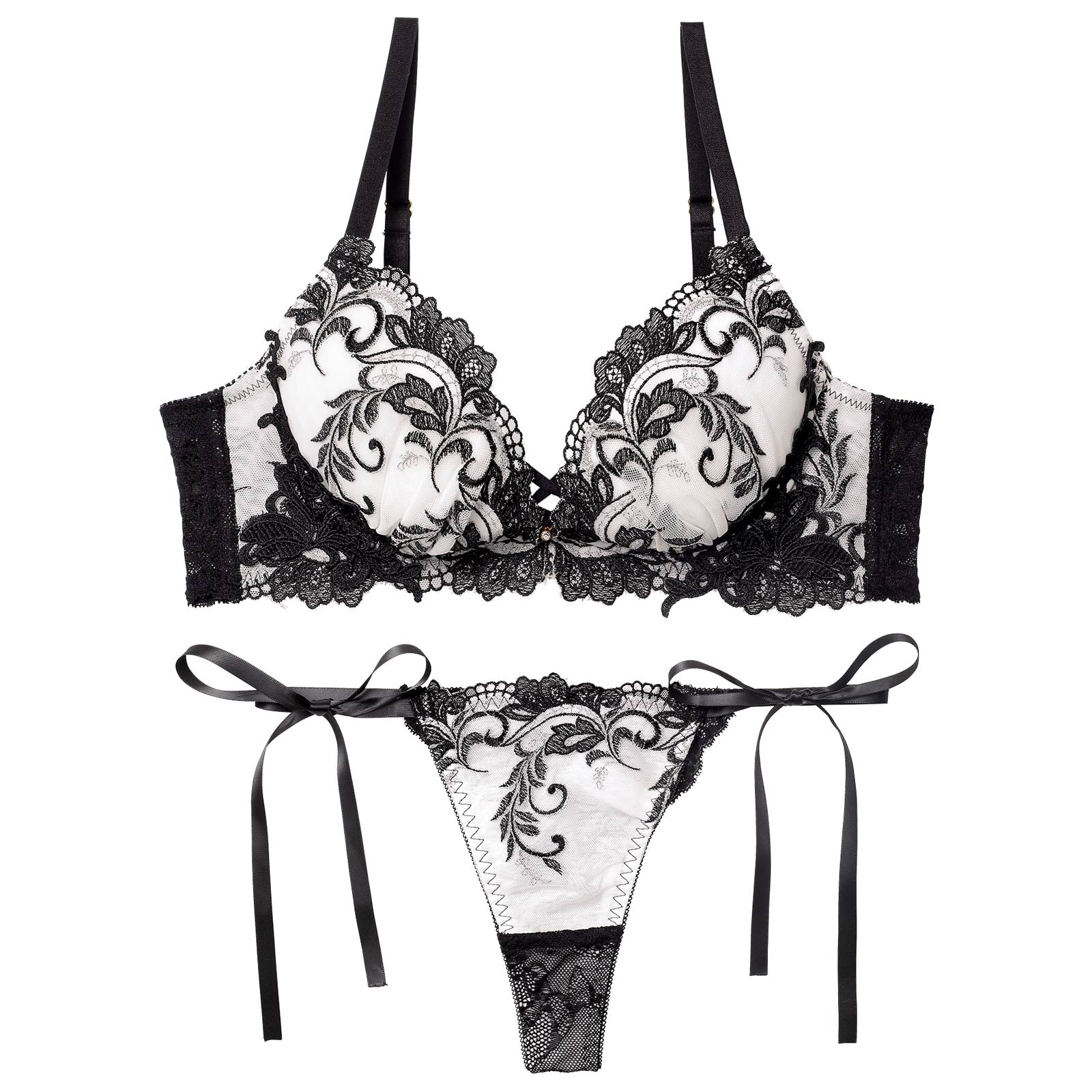 11/14新作!【永尾まりや着用】【Reinest】バロックリーフエンブロイダリーブラジャー&サイド紐バック透けTバックショーツ