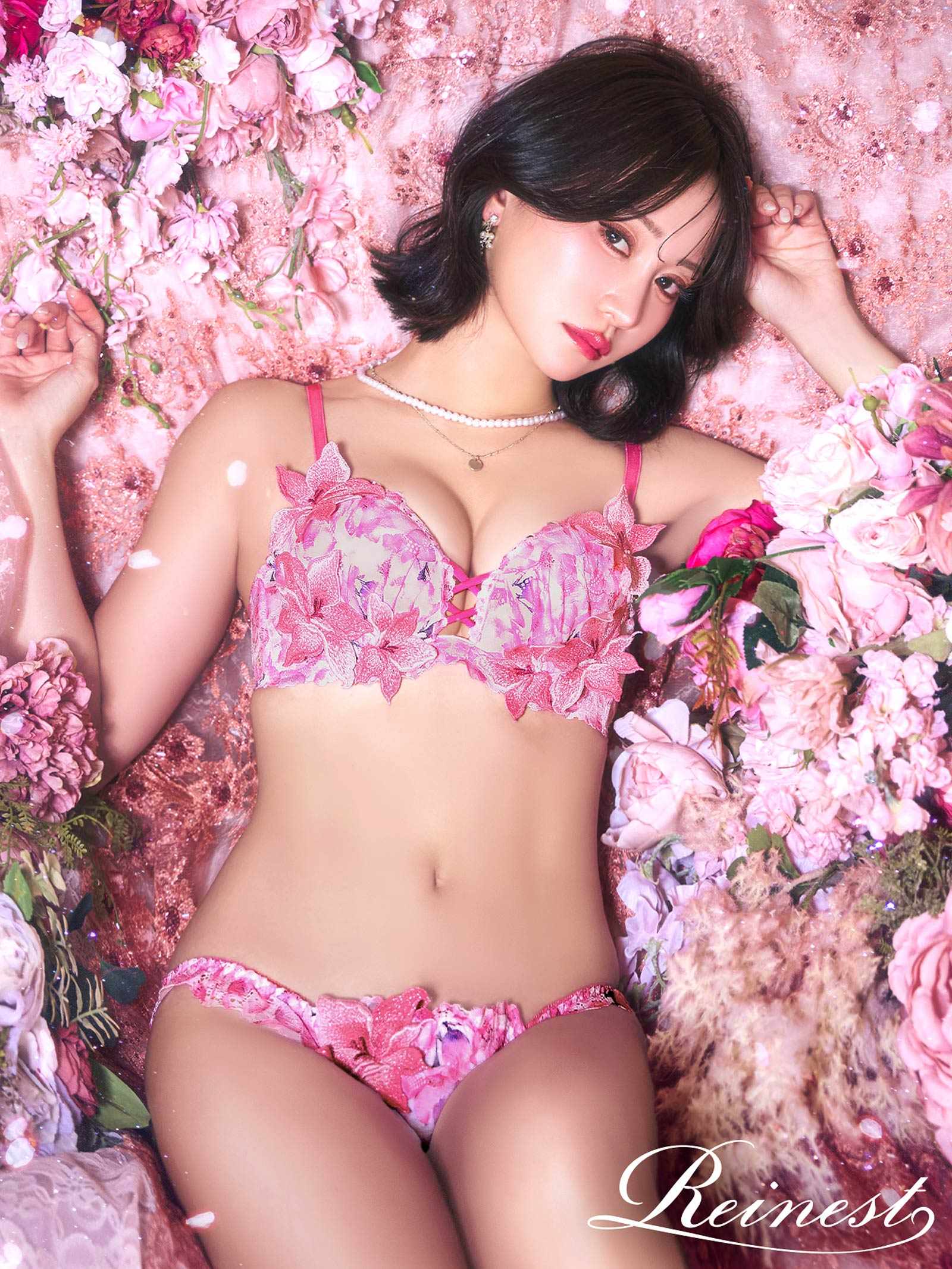 4/6新作!【永尾まりや着用】【Reinest】ルミナスリリーブロッサムブラジャー&バック透けフルバックショーツ