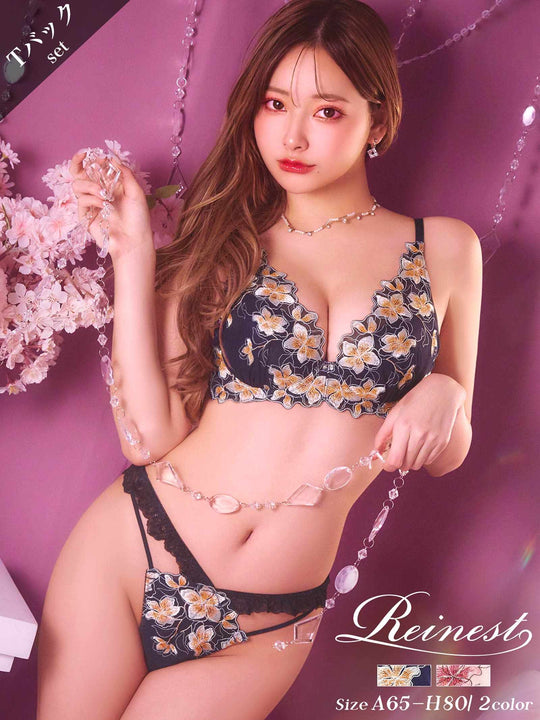 11/15再販!【Reinest】プルメリアエンブロイダリーブラジャー&バック透けTバックショーツ