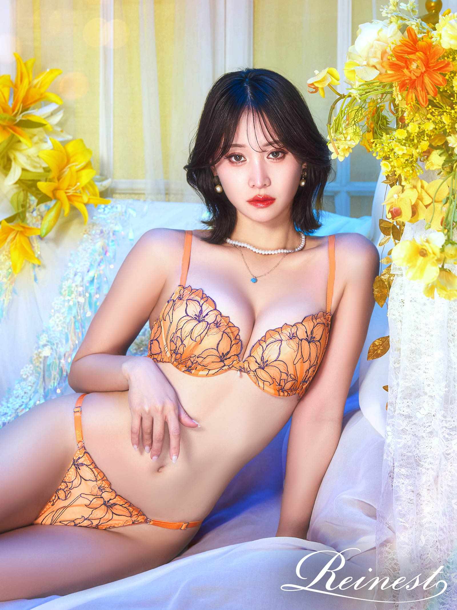 4/1新作!【永尾まりや着用】【Reinest】グラマラスビビッドブロッサムブラジャー&バック透けTバックショーツ