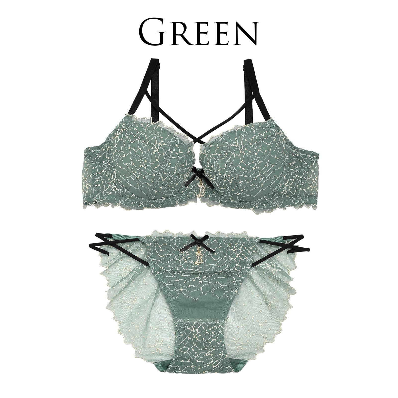 【明日花キララ着用/WhipBunny】Closs Luxe Embroidery Bra&Shorts / Green クロスリュクスエンブロイダリーブラ&ショーツ / グリーン