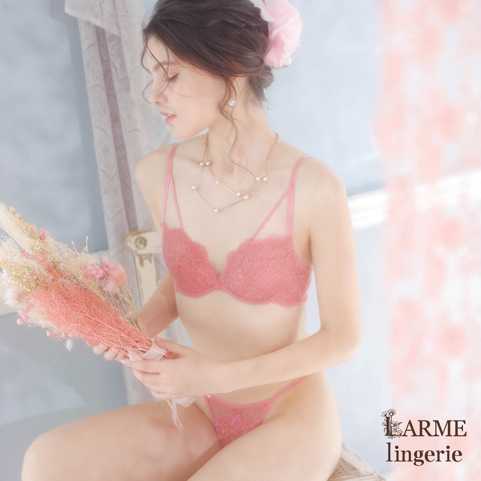 【LARME】[お試し2000円off!!] Sensual all lace Bra&T-back/Pink センシュアルオールレースブラ&Tバック/ピンク
