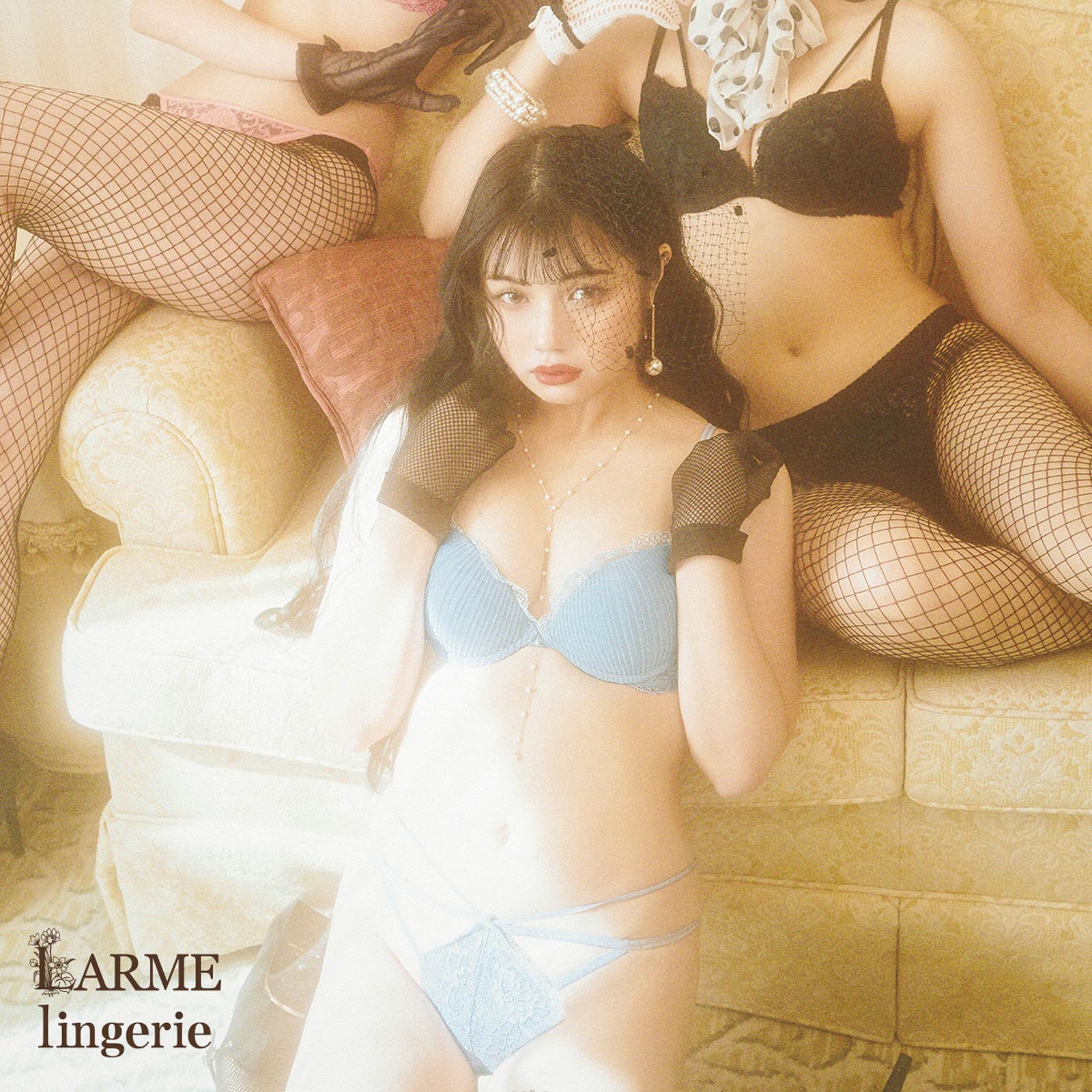 【LARME】Light Flower Bra&T-back/Sax ライトフラワーブラ&Tバック/サックス