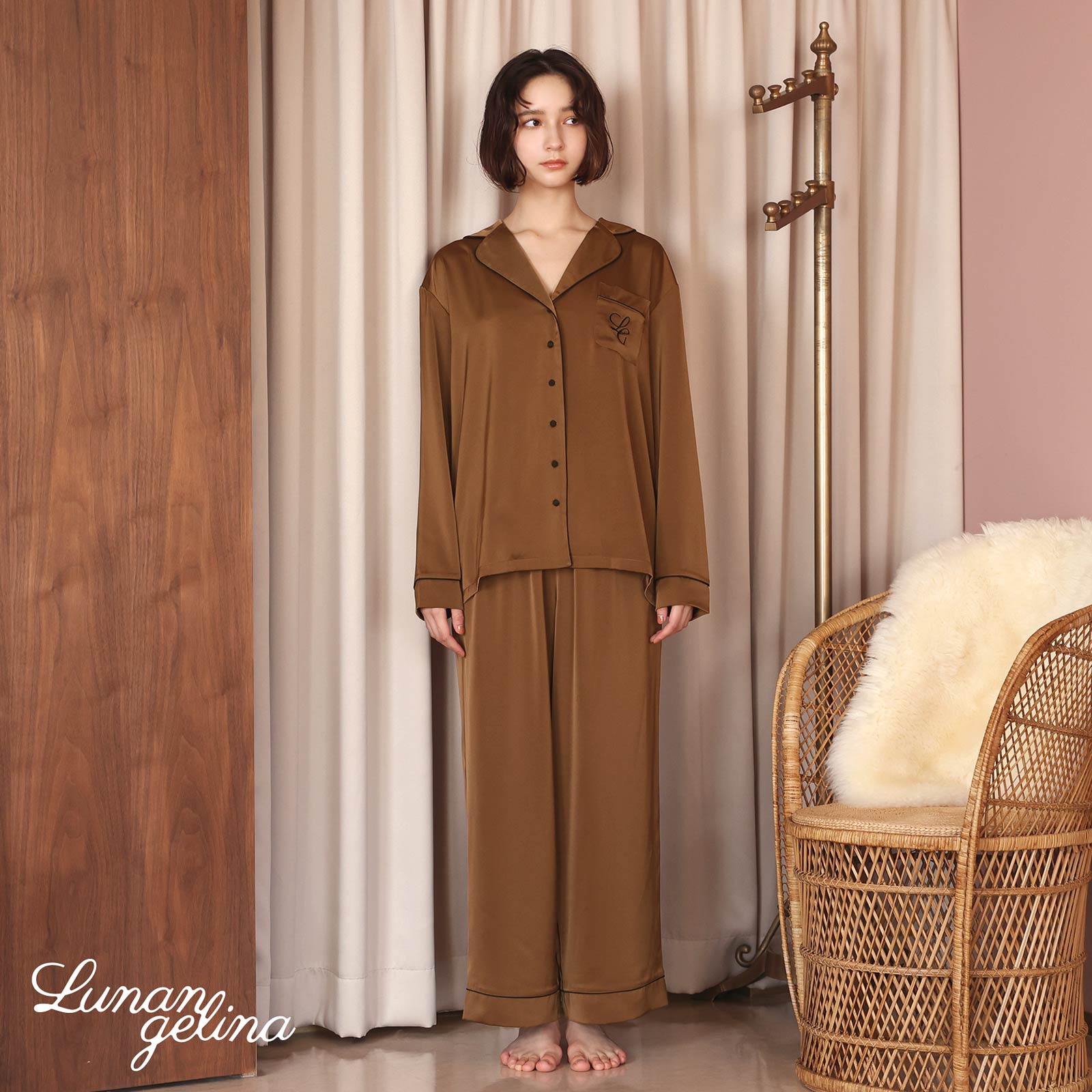10/25新作!【lunangelina】Satin Frill Pajama/Brown