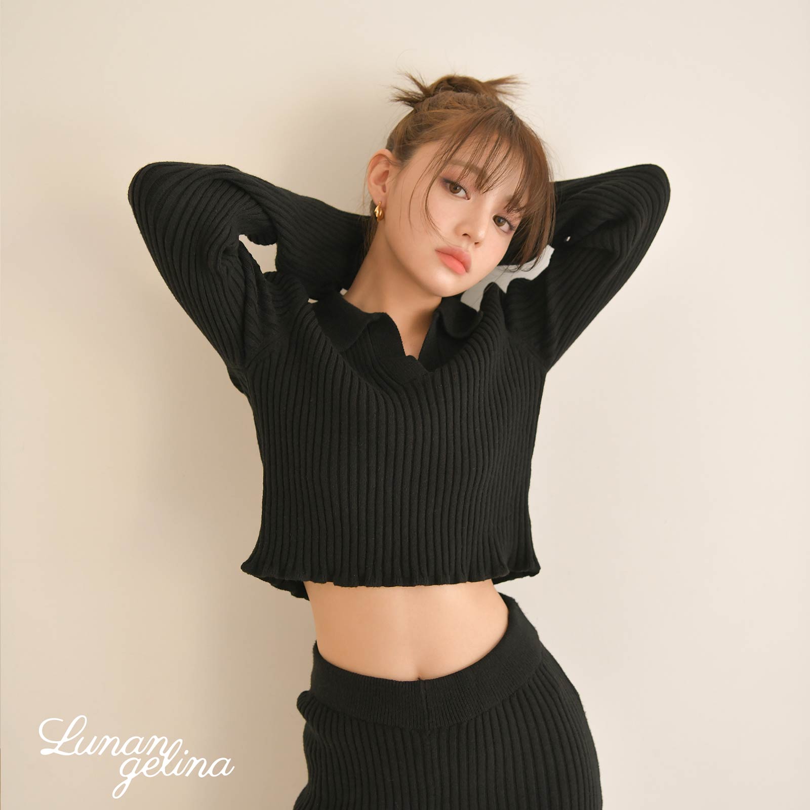 【吉木千沙都(ちぃぽぽ)プロデュース/lunangelina】Stylish Polo Knit Wear/BLACK