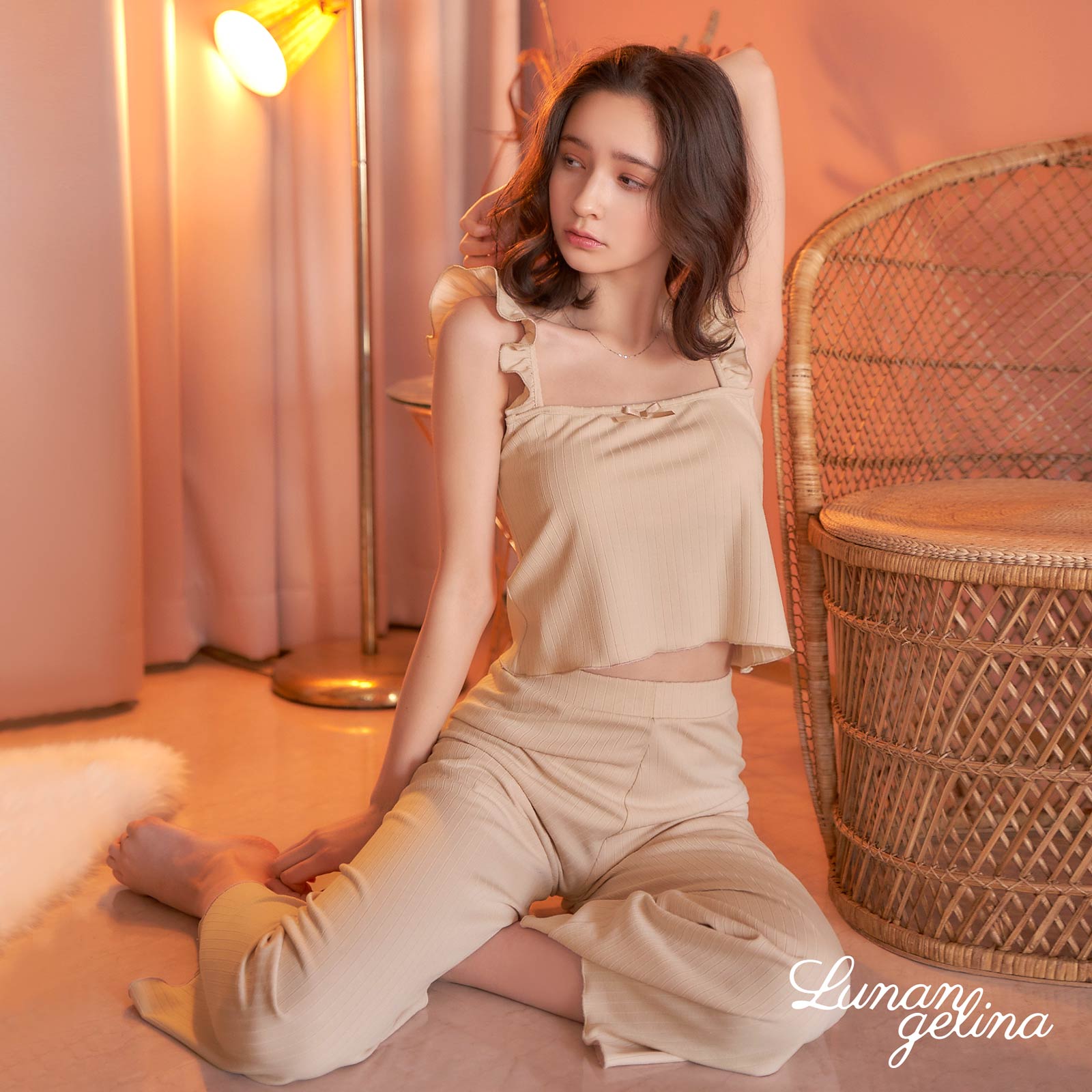 【lunangelina】One color frill Set-up Roomwear/Nude beige