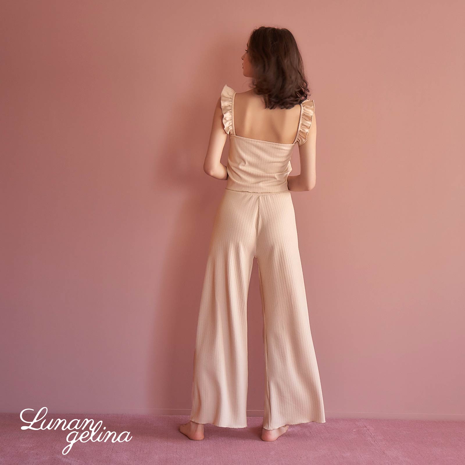 【lunangelina】One color frill Set-up Roomwear/Nude beige