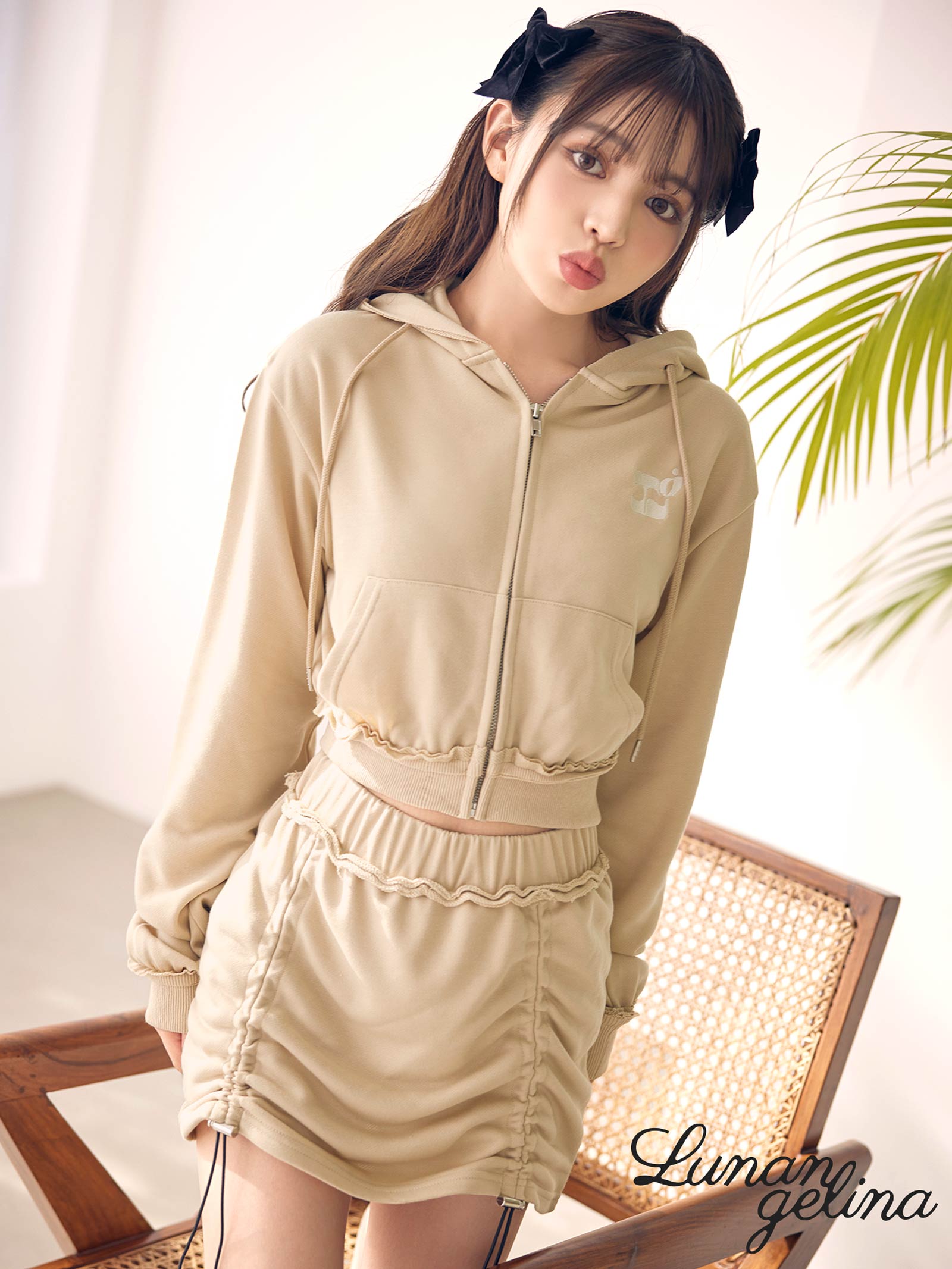 4/5新作! 【吉木千沙都(ちぃぽぽ)プロデュース/lunangelina】ZIPUP HOODIE&SLIM ADJUST SKIRTPANTS SETUP/Beige