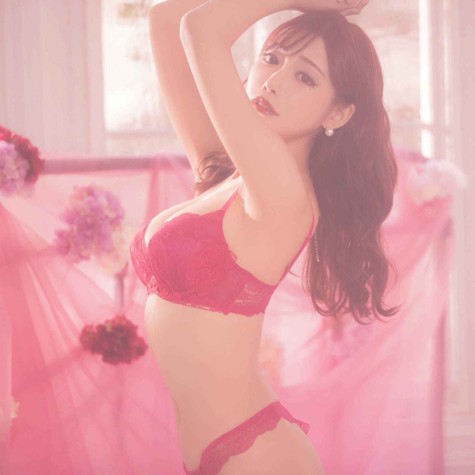 Airy Flower Lace Bra&T-back / Pink エアリーフラワーレースブラ&Tバック / ピンク