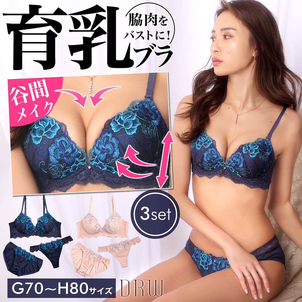 【GHサイズ】【3点セット】エレガンスフルフラワー育乳脇高ブラジャー＆フルバック&Tバックショーツ