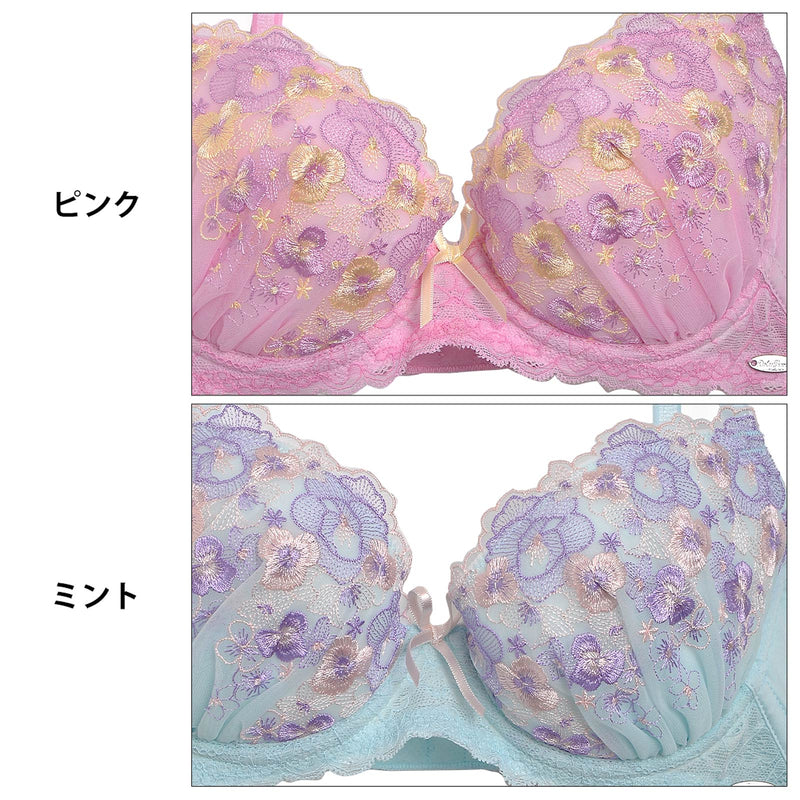 【Dolce Fiora】パステルスミレ刺繍ブラジャー&フルバックショーツ