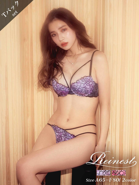 【Reinest】グロリアスフラワーコードブブラジャー&バック透けTバックショーツ